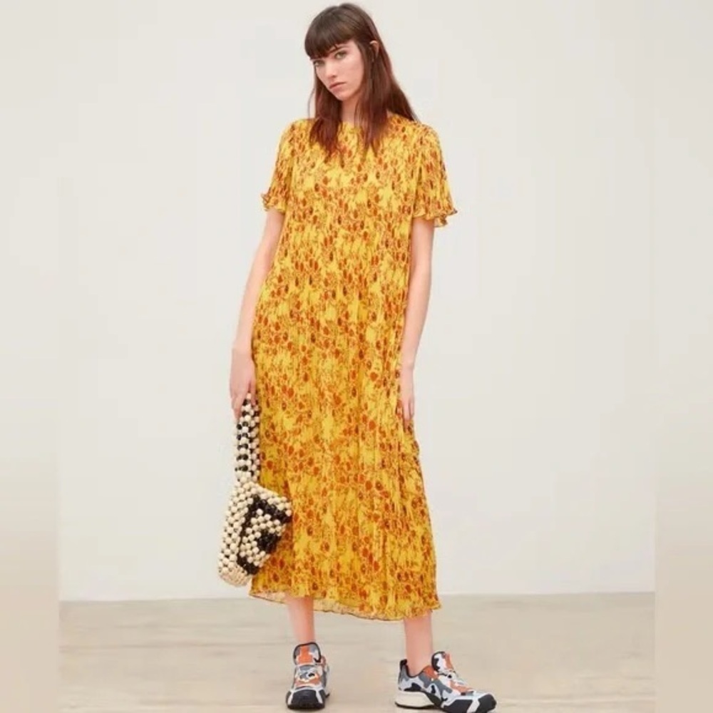 ZARA PLEATED FLORAL PRINT DRESS MARIGOLD